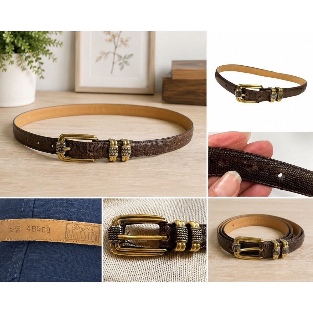 Brighton Classics Brown Lizard Embossed Leather Belt Mixed Metal Buckle 4B608 30